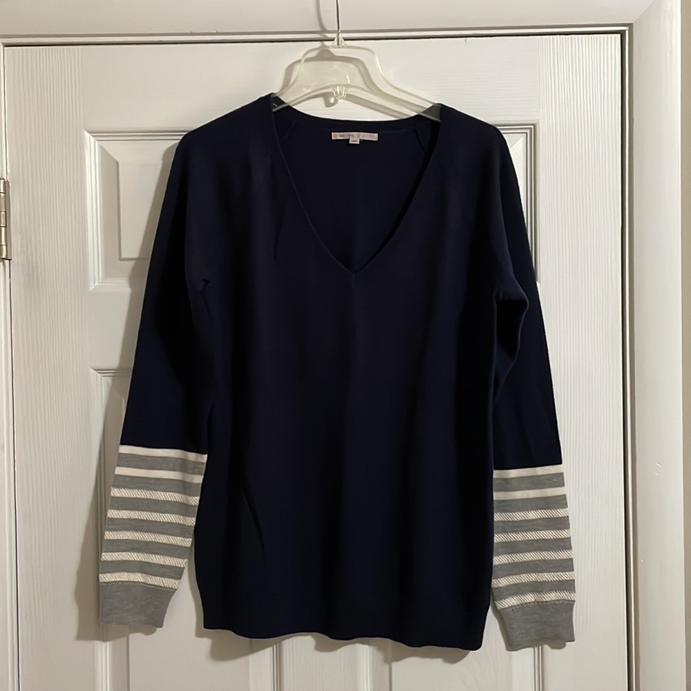 Gap Navy Blue V-Neck Sweater with Striped Sequin Wrist Cuffs - NWOT